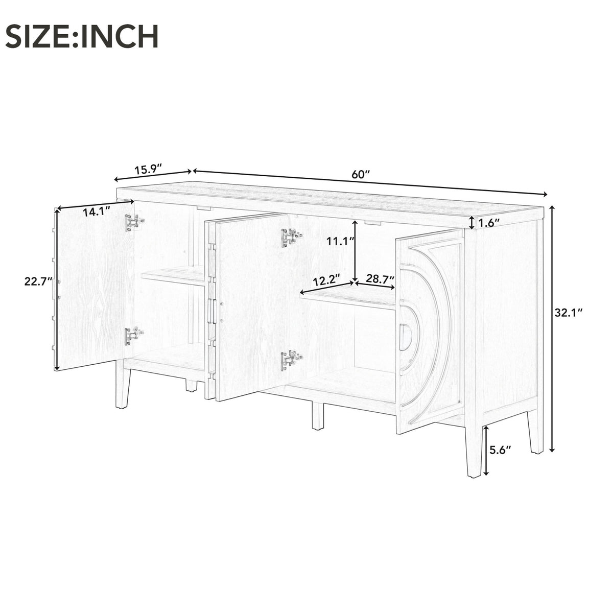 TREXM Retro Sideboard With Circular Groove & Round Metal Handle For Dining