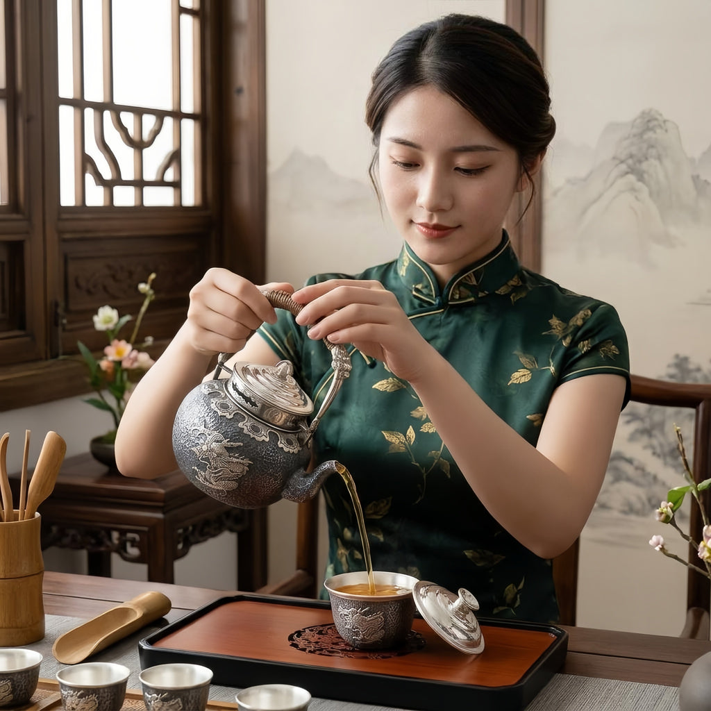 925 Sterling Silver **Title:** Ornate Dragon-Embossed Hammered Metal Teapot with Yin-Yang Lid and Woven Handle-Fine large teapot - Handicraft