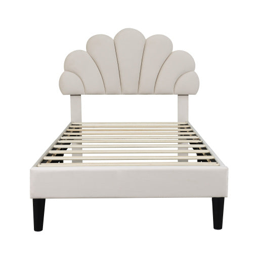 3ft Single Upholstered Velvet Bed Frame, With Adjustable Chic Petal Headboard, Velvet Platform Bed Frame With Solid Wood Slat, No Box Spring Needed, Easy Assembly, Beige