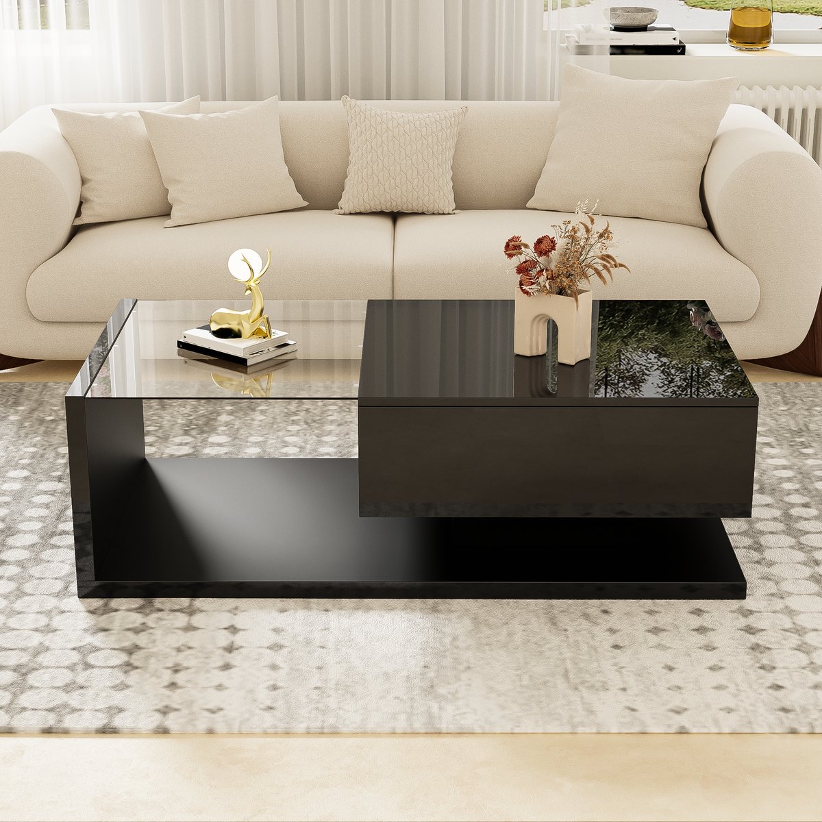 Coffee Table, High-gloss Black. Side Tables, Coffee Tables With Glass And LED