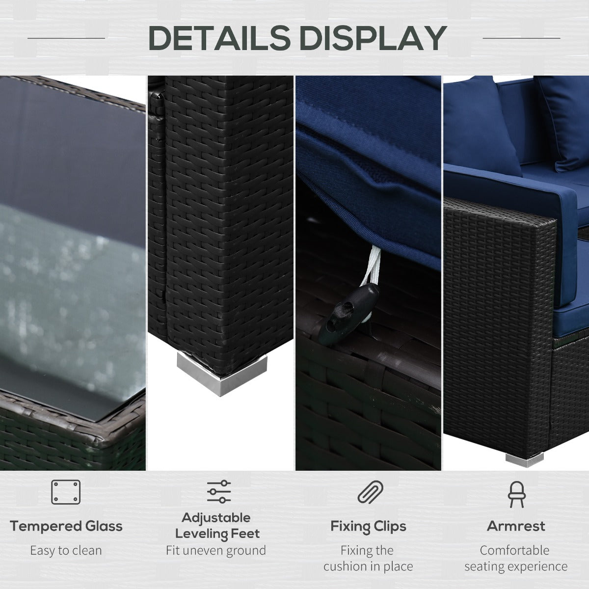 7 Piece Set Rattan Sofa Luxury Modular Conversation Outdoor Furniture - Deep Blue