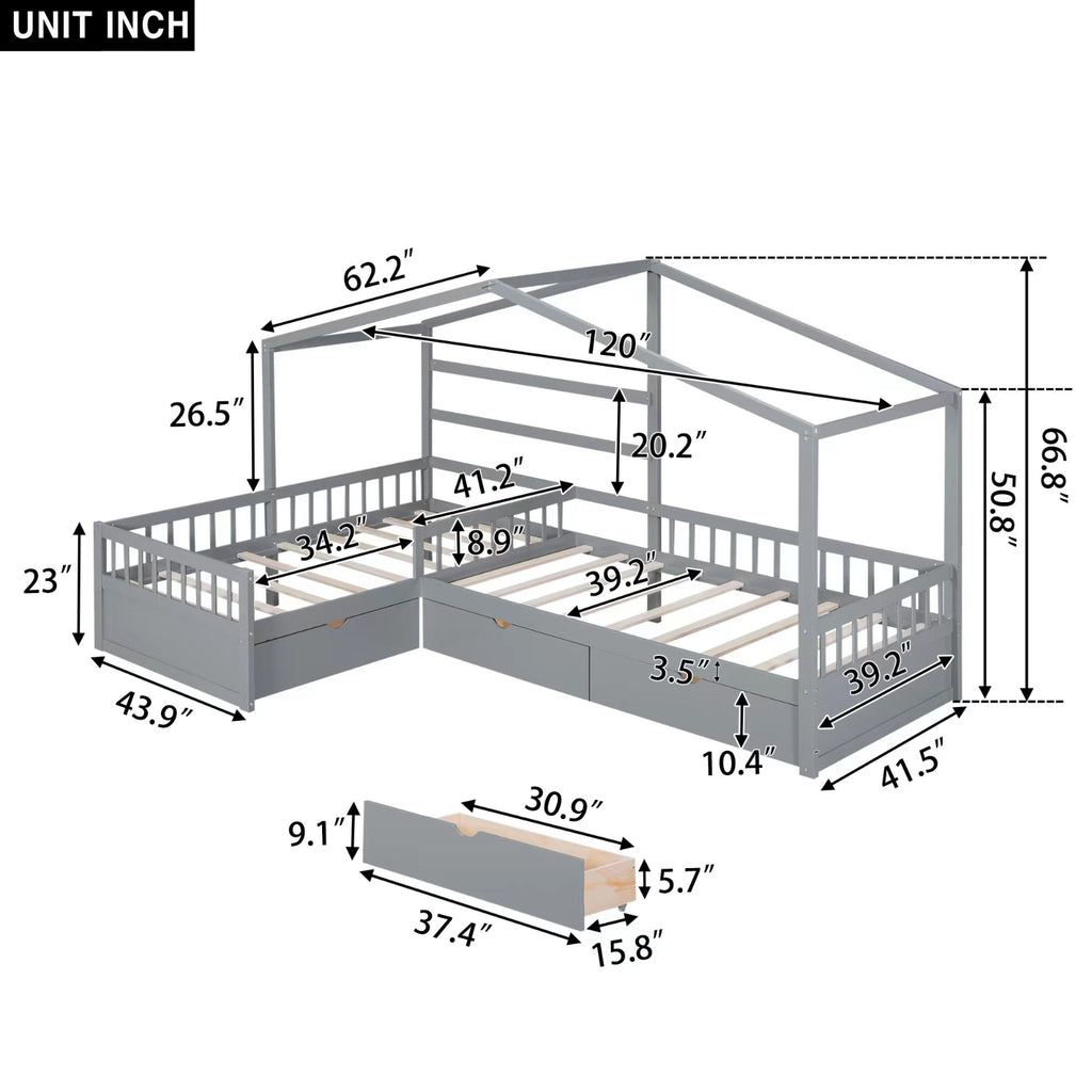 Twin Size House Platform Bed With Three Storage Drawers,Gray