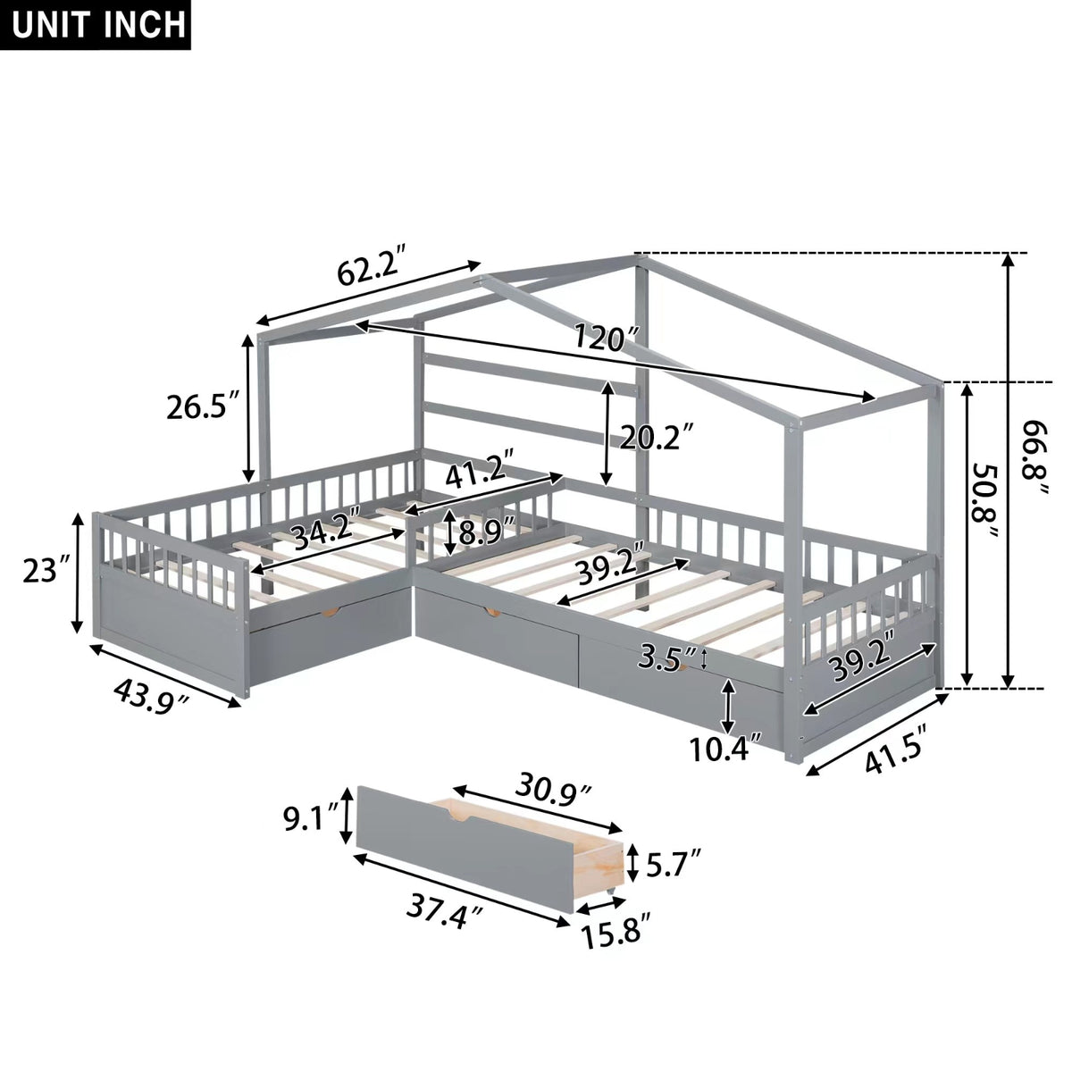 Twin Size House Platform Bed With Three Storage Drawers,Gray