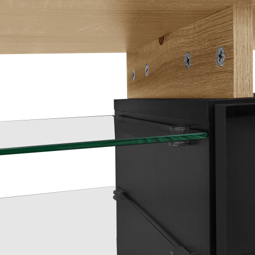 Modern TV Cabinet Design Stylish And Elegant, Practical Storage Space, Black And Wood Look, Glass Shelves, LED Lighting