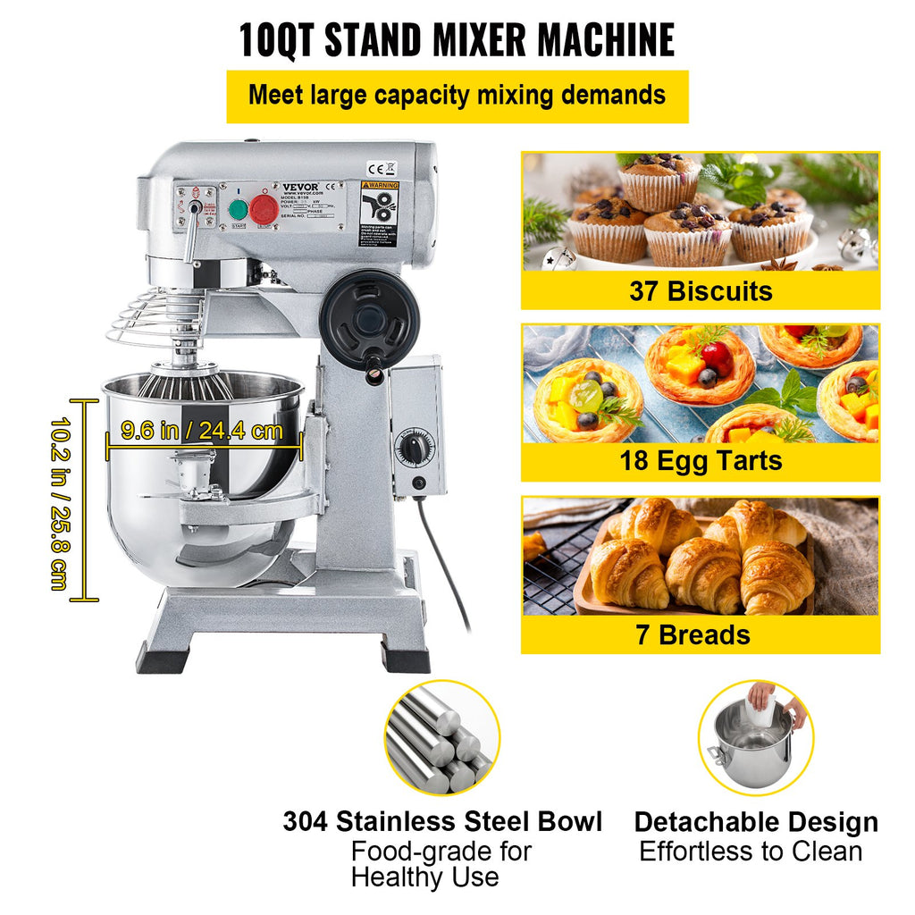 Commercial Food Mixer, 10Qt Commercial Mixer With Timer Function, 450W Stainless Steel Bowl Heavy-duty Electric Food Mixer, 3-speed Adjustable 113/184/341 RPM