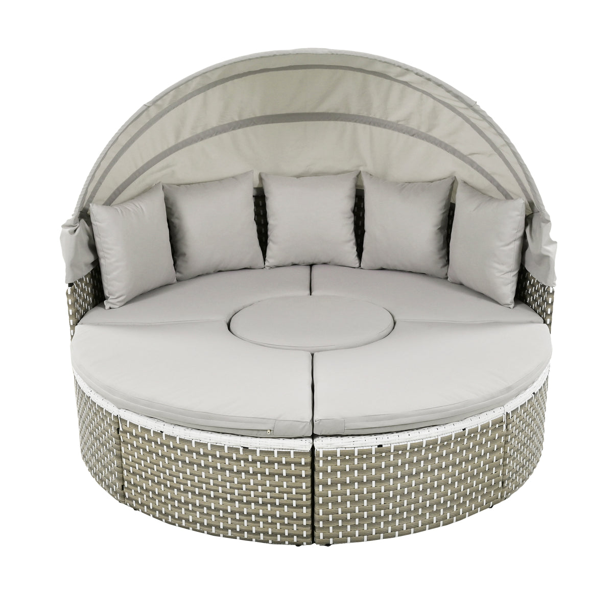 TOPMAX Patio Furniture Round Outdoor Sectional Sofa Set Rattan Daybed Two-Tone Weave Sunbed With Retractable Canopy, Separate Seating And Removable Cushion, Gray