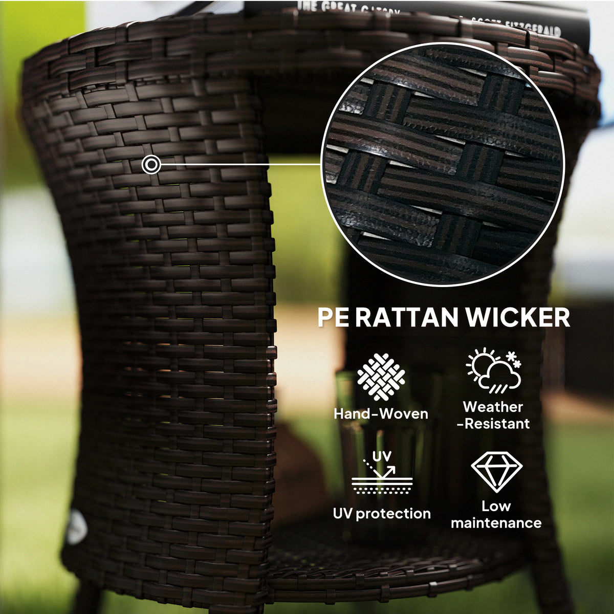 18 Wicker Outdoor Coffee Table, PE Rattan Patio Side Table With 2-Tier Storage, Composite Wood Top, Mixed Brown