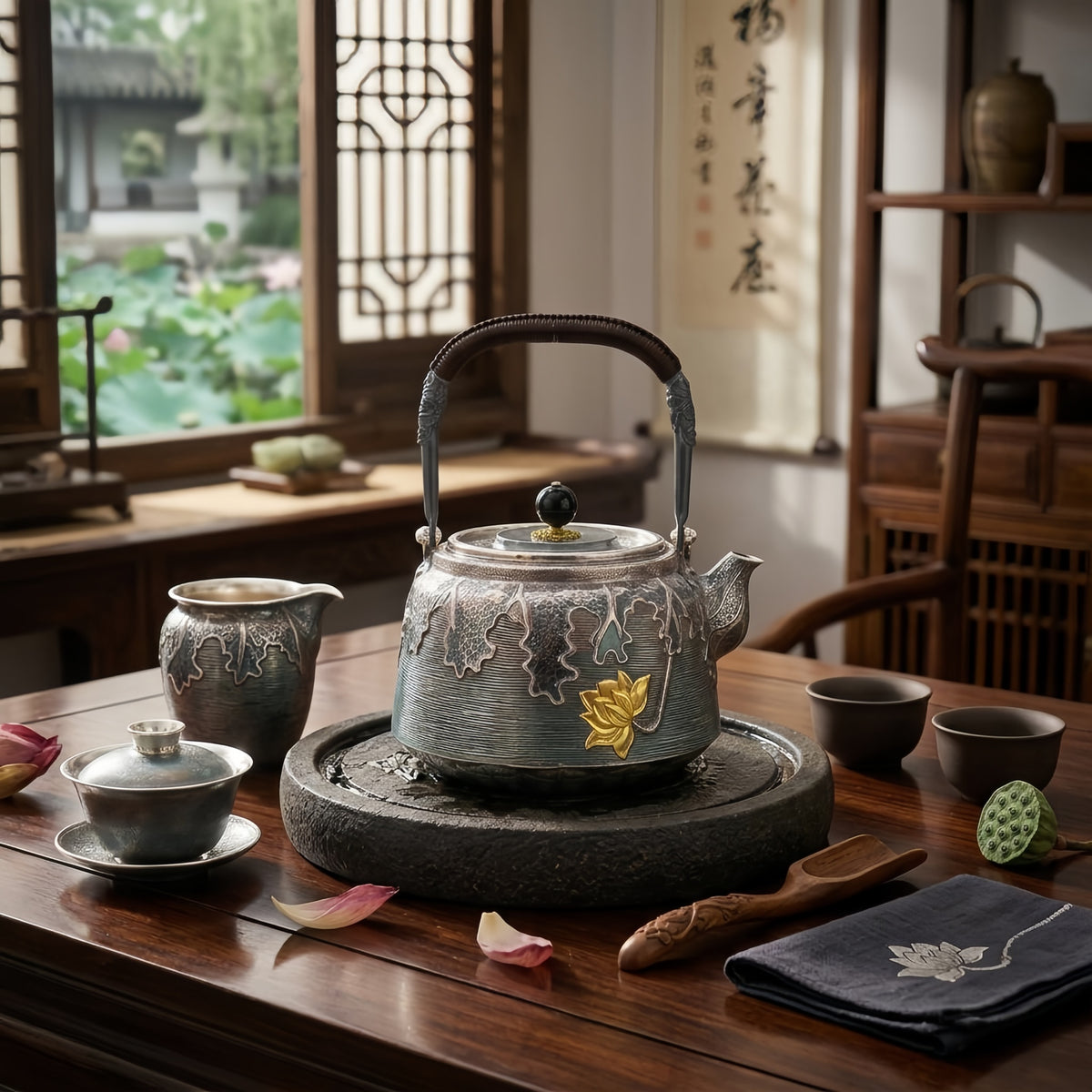 Pure 999 Fine Silver Exquisite Silver-Toned Lotus Teapot with Hammered Texture and Woven Handle - Handicraft