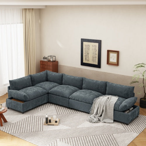 115.5 Modular Deep Gray Sectional Sofa With Durable Polyester Upholstery, Plush Cushions, Hidden Storage Compartments, And Versatile Design For Living Room, Lounge, Or Office