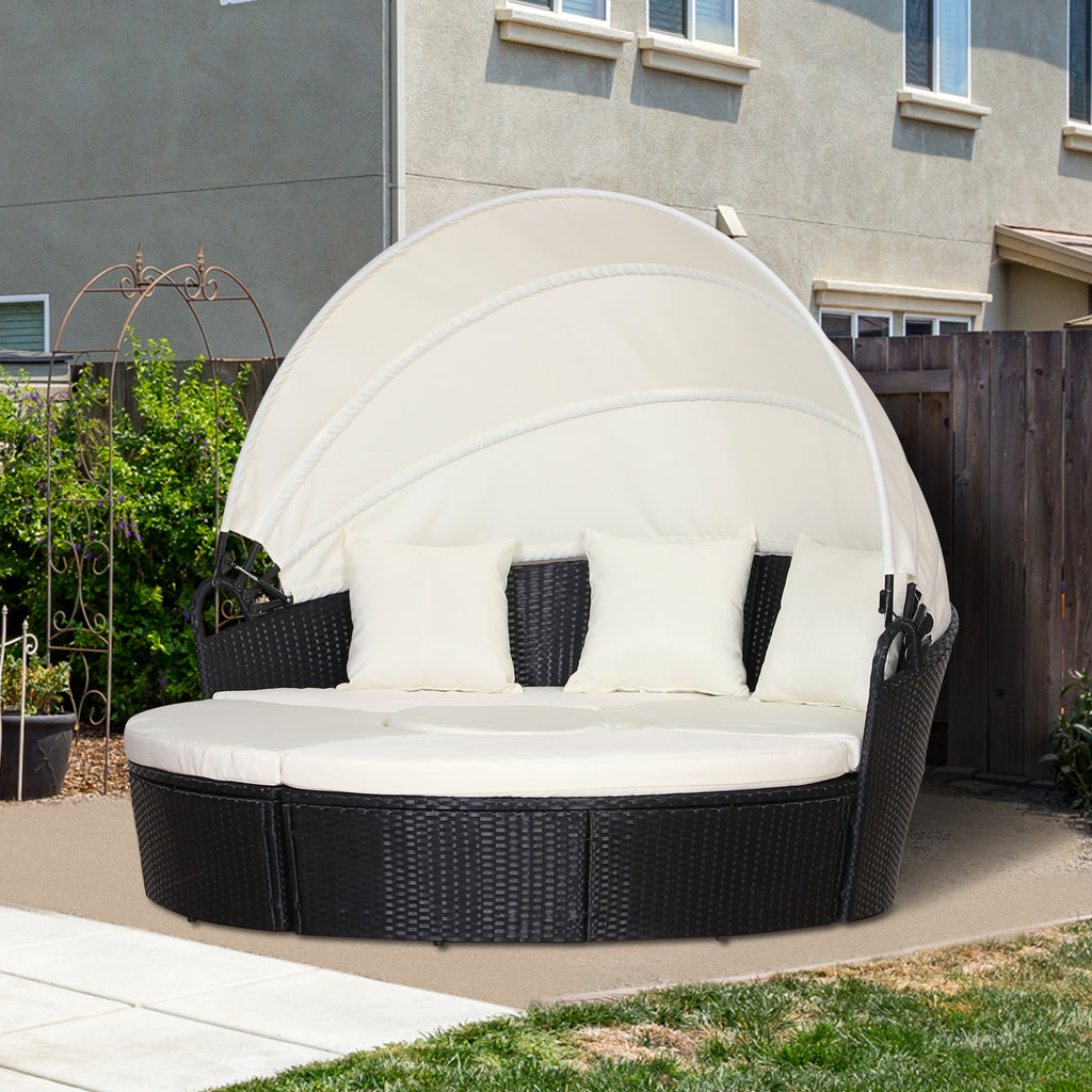 Five-Piece Rattan Garden Bed, With Canopy - Black/White