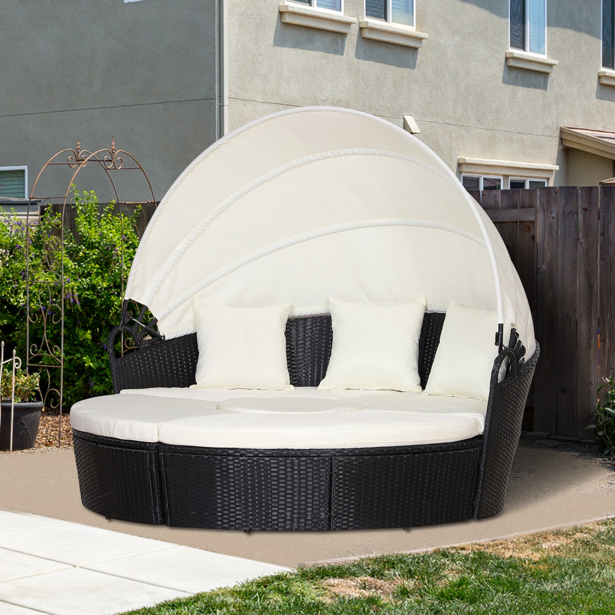 Five-Piece Rattan Garden Bed, With Canopy - Black/White