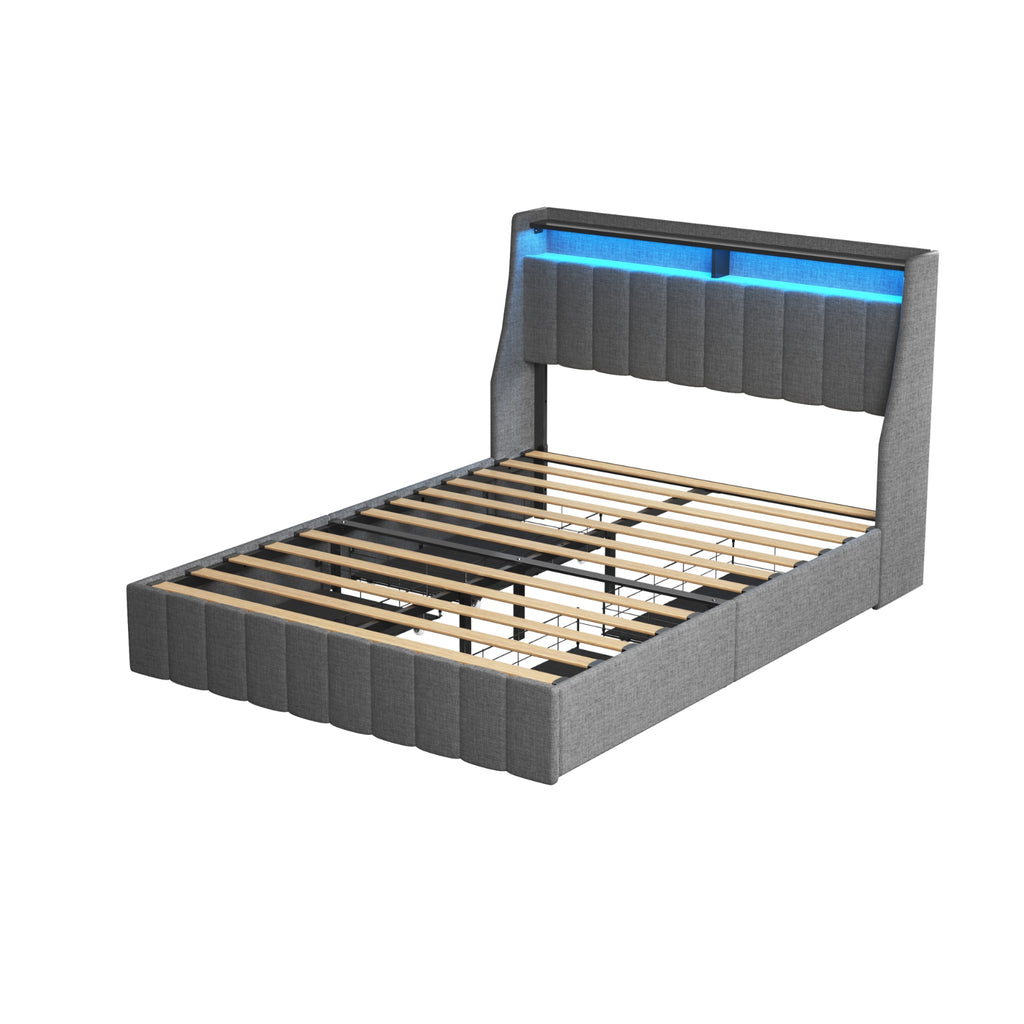 Queen Size Bed Frame With LED, Storage Drawers, Wings Headboard - Light Gray