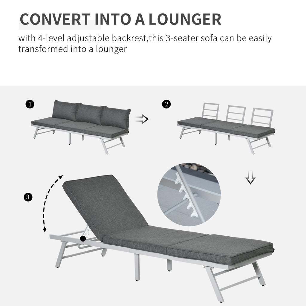 3 Pieces Garden Furniture Sets, 6 Seater Corner Sofa Set With Adjustable Backrest Chase Lounge With Slatted Metal Top Table, Padded Cushion, Grey