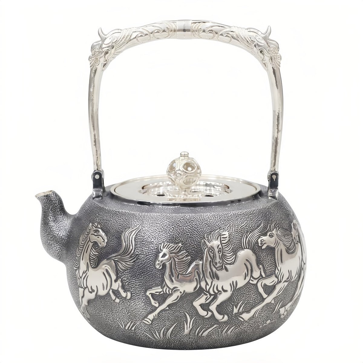Pure 999 Fine Silver Handcrafted Silver Teapot with Intricate Galloping Horse Relief and Ornate Handle - Handicraft