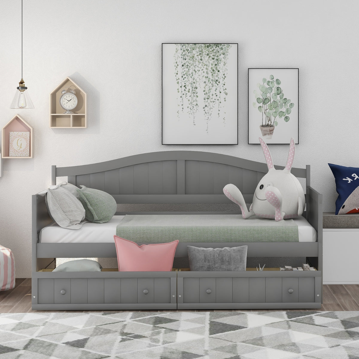 Twin Wooden Daybed With 2 Drawers, Sofa Bed, No Box Spring Needed - Gray