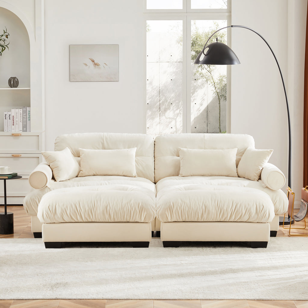 Over Size Modern Two-seater Sofa With Ottoman, Velvet 2-Seater With Round Bolster Armrests,With Waist Pillow And Throw Pillows,Reading Room , Loft And Bedroom,Cream