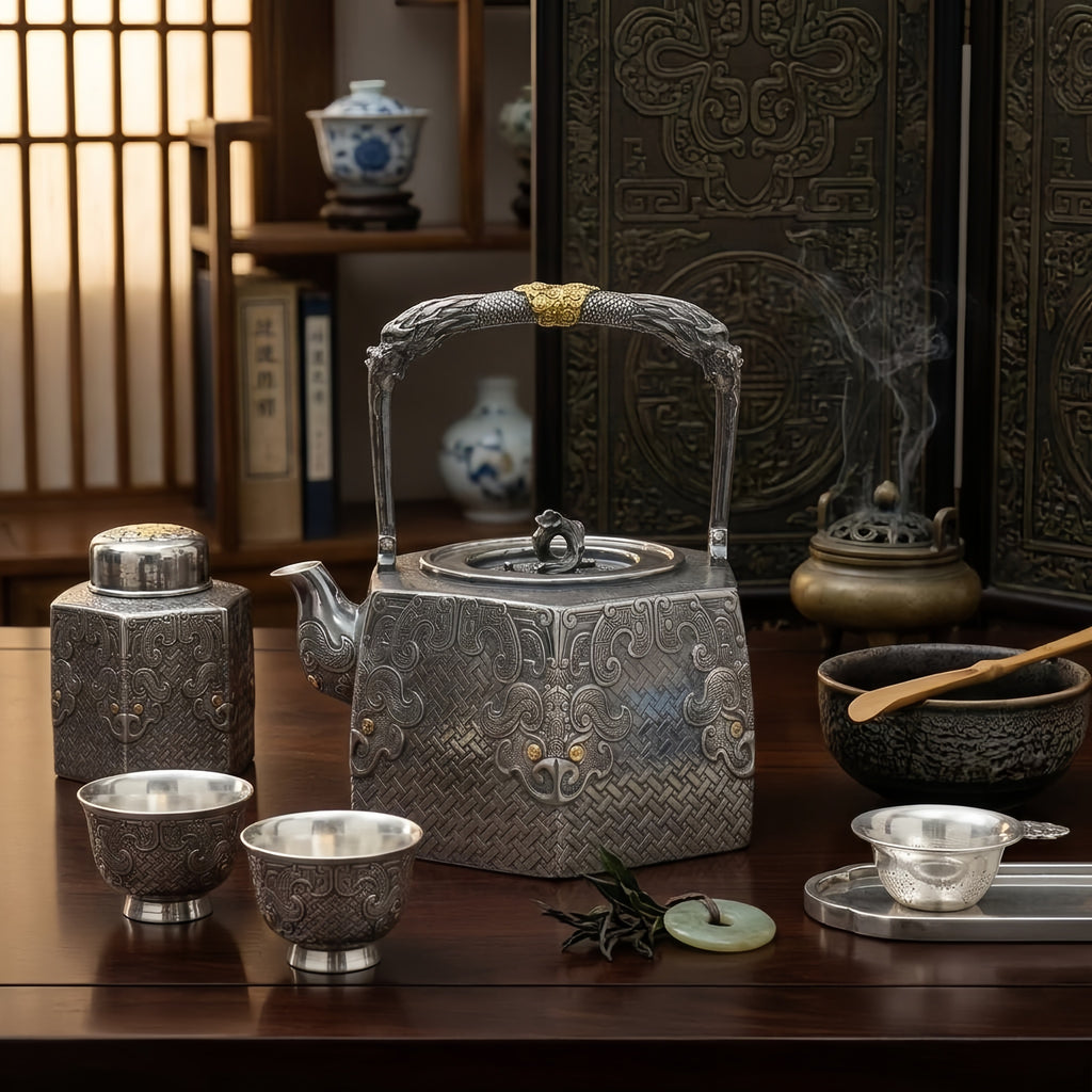 Pure 999 Fine Silver **Title:** Elegant  Dragon Teapot with Gold Accents and Woven Pattern-Fine large teapot - Handicraft