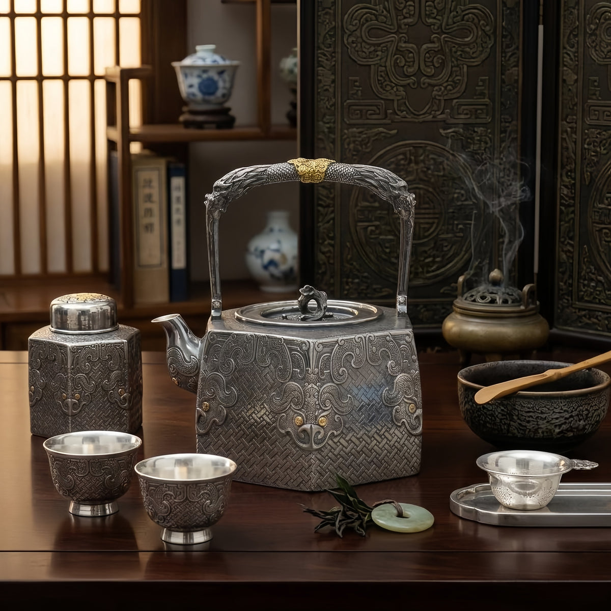 Pure 999 Fine Silver **Title:** Elegant  Dragon Teapot with Gold Accents and Woven Pattern-Fine large teapot - Handicraft