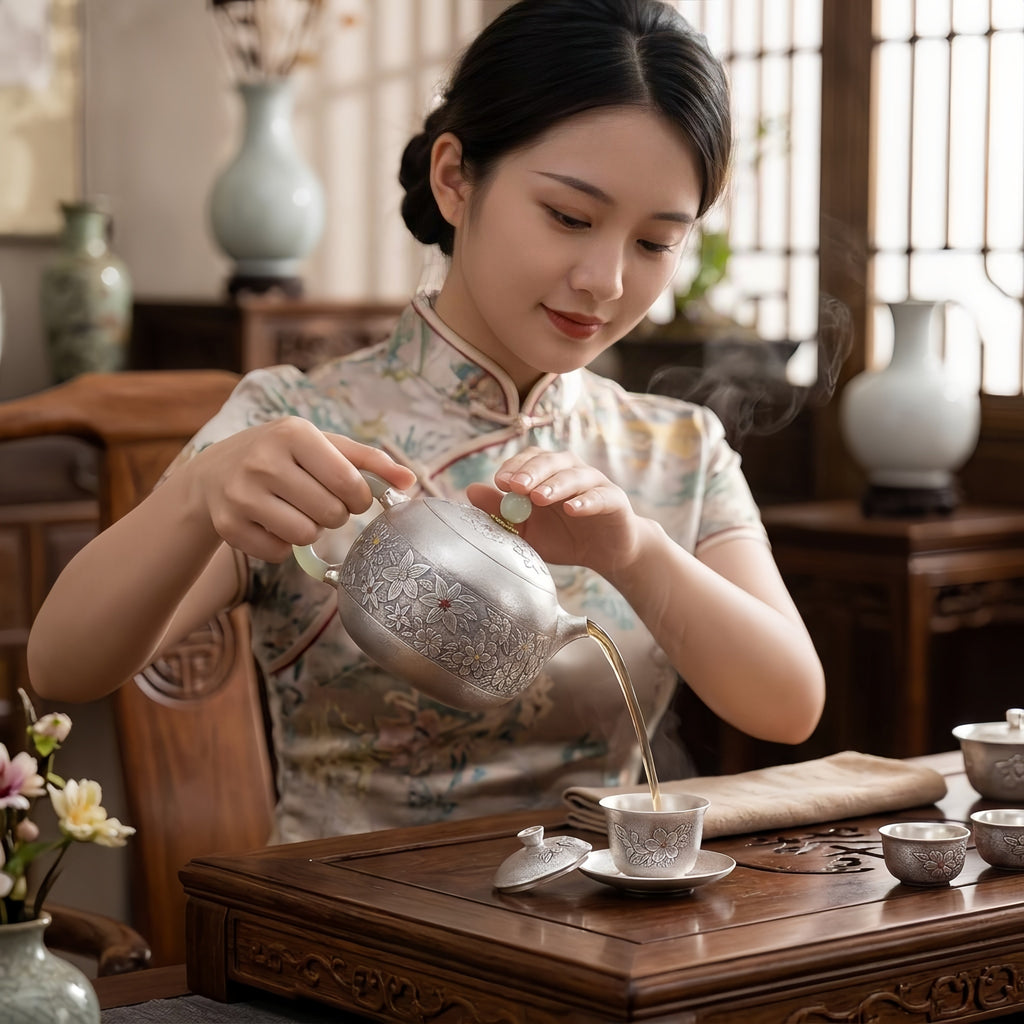 Pure 999 Fine Silver Handcrafted Silver Floral Teapot with Green Jade Accents and Intricate Metalwork - Handicraft