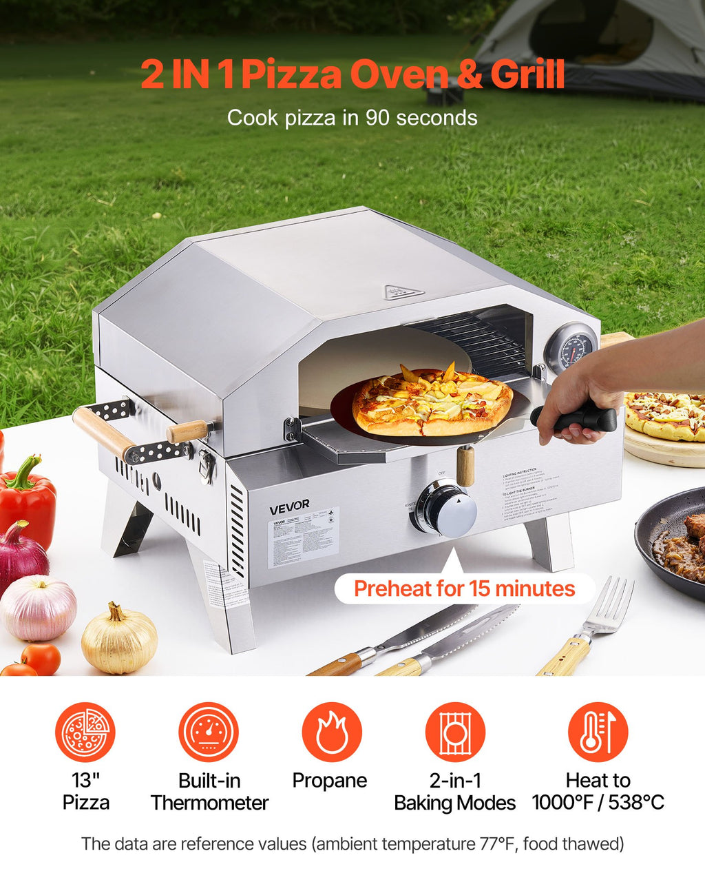 Outdoor Pizza Oven, 13 In Gas Fired Pizza-Maker, Portable Outside Gas Oven With Thickened Cordierite Pizza-Stone, And Built-in Thermometer, Pizza Or Grill Two Modes, For Camping & Backyard
