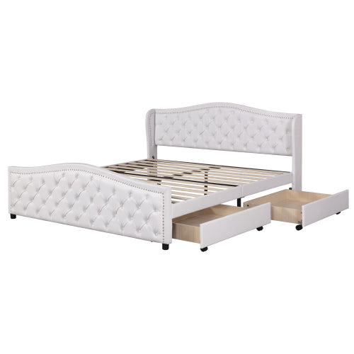 Upholstered Bed 135 X 190cm - Bed With Slatted Frame, 2 Drawers And Headboard With Pull Point Rivets - Wood & Faux Leather - White - Youth Bed Guest Bed