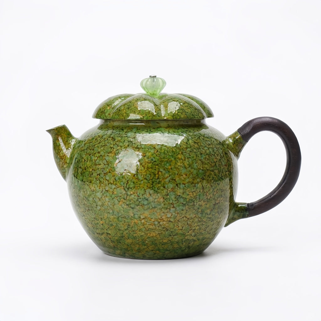 Pure 999 Fine Silver Artistic Hand-Glazed Green Speckled Teapot with Elegant Wooden Handle and Scalloped Lid - Handicraft