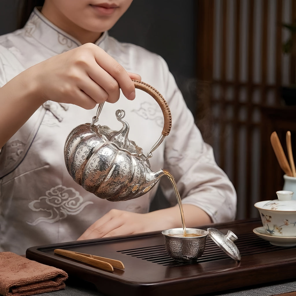 Pure 999 Fine Silver Hand-Hammered Silver Pumpkin Teapot with Calligraphy Inscriptions and Rattan Handle - Handicraft