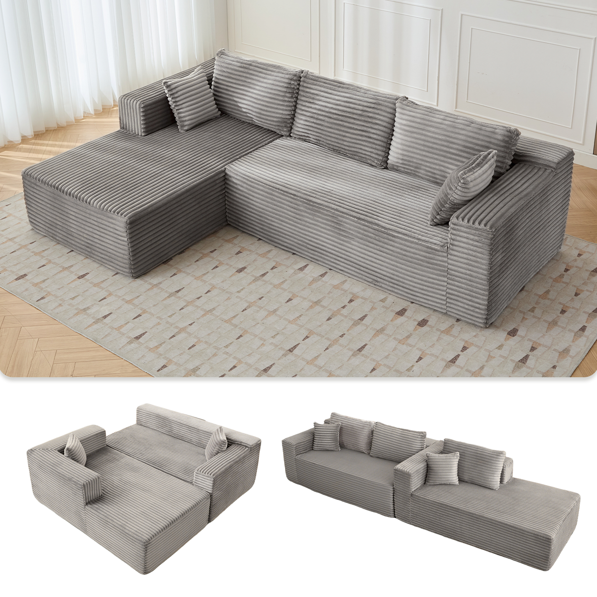 Compression Sectional Couch With Comfy Chaise, Boneless L Shape Sofa With Deep Seat, Minimalist Modular Couches Sleeper For Living Room Bedroom Apartment Lounge,corduroy,Grey