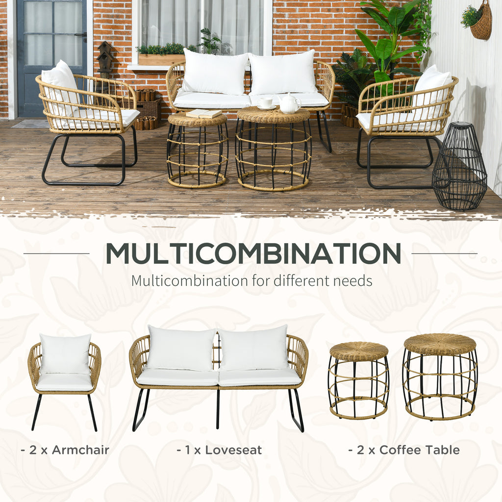 5 Piece PE Rattan Outdoor Furniture Set with Cushioned Chairs, Loveseat Sofa & Stackable Coffee Tables, Cream White