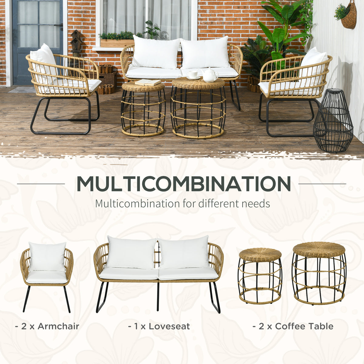 5 Piece PE Rattan Outdoor Furniture Set with Cushioned Chairs, Loveseat Sofa & Stackable Coffee Tables, Cream White