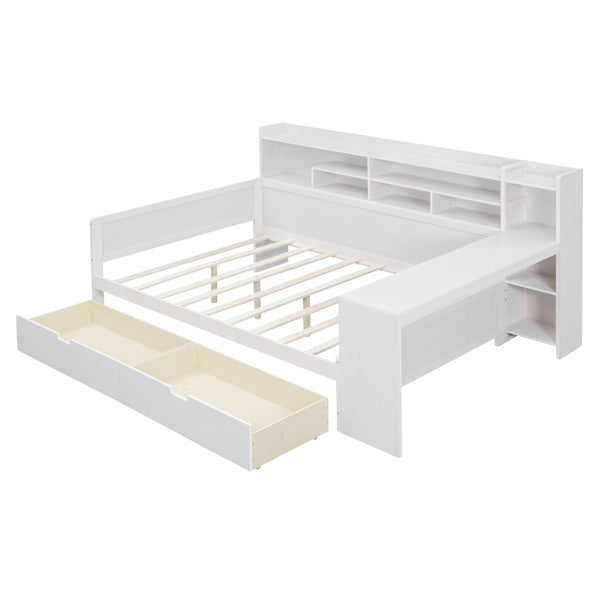 Wooden Full-size Sofa Bed With Storage Rack, Multifunctional Bed With Two Storage Drawers And Desk, Antique White