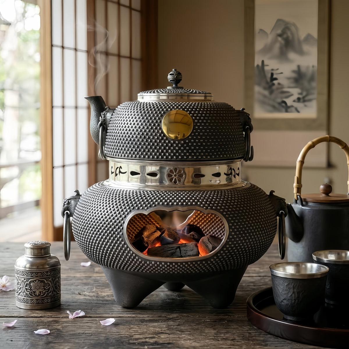 925 Sterling Silver Handcrafted Arare Textured Cast Iron Brazier with Polished Silver Accents and Shimmering Inlay - Handicraft