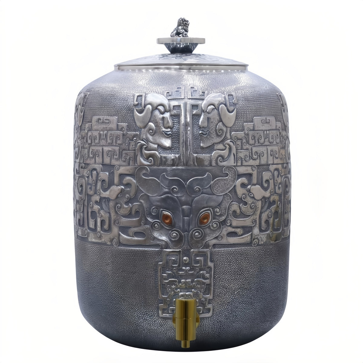 Pure 999 Fine Silver Exquisite Ornate Silver-Tone Beverage Dispenser with Mythical Embossed Patterns and Lion Finial Lid - Handicraft
