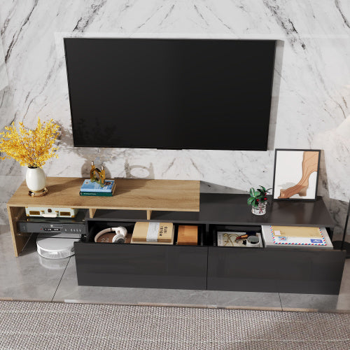 Modern TV Cabinet Design Stylish And Elegant, Practical Storage Space, Black And Wood Look, Glass Shelves, LED Lighting
