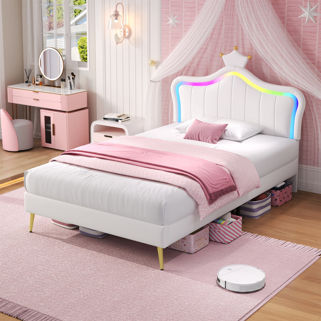 3ft Single Upholstered Bed With LED Adjustable Crown Shape Headboard, PU Leather Bed Frame With Solid Wood Slat, No Box Spring Needed, Easy Assembly, Cream White  No Mattress