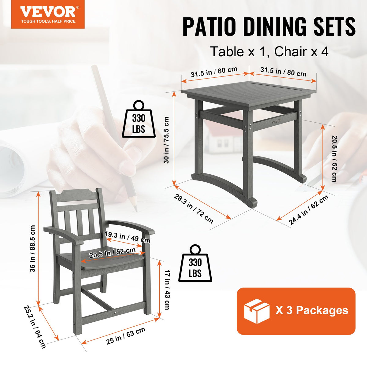 5 Pieces Patio Dining Set, Outdoor Square Furniture Table And Chairs, All Weather Garden Furniture Table Sets, HIPS Small Patio Conversation Set, For Lawn, Deck, Backyard, Poolside, Light Gray