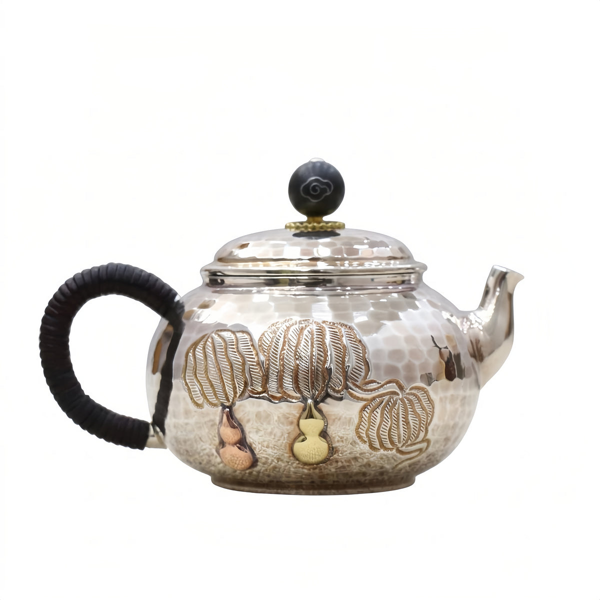 Pure 999 Fine Silver Exquisite Handcrafted Silver Teapot with Hammered Texture and Traditional Gourd Accents - Handicraft