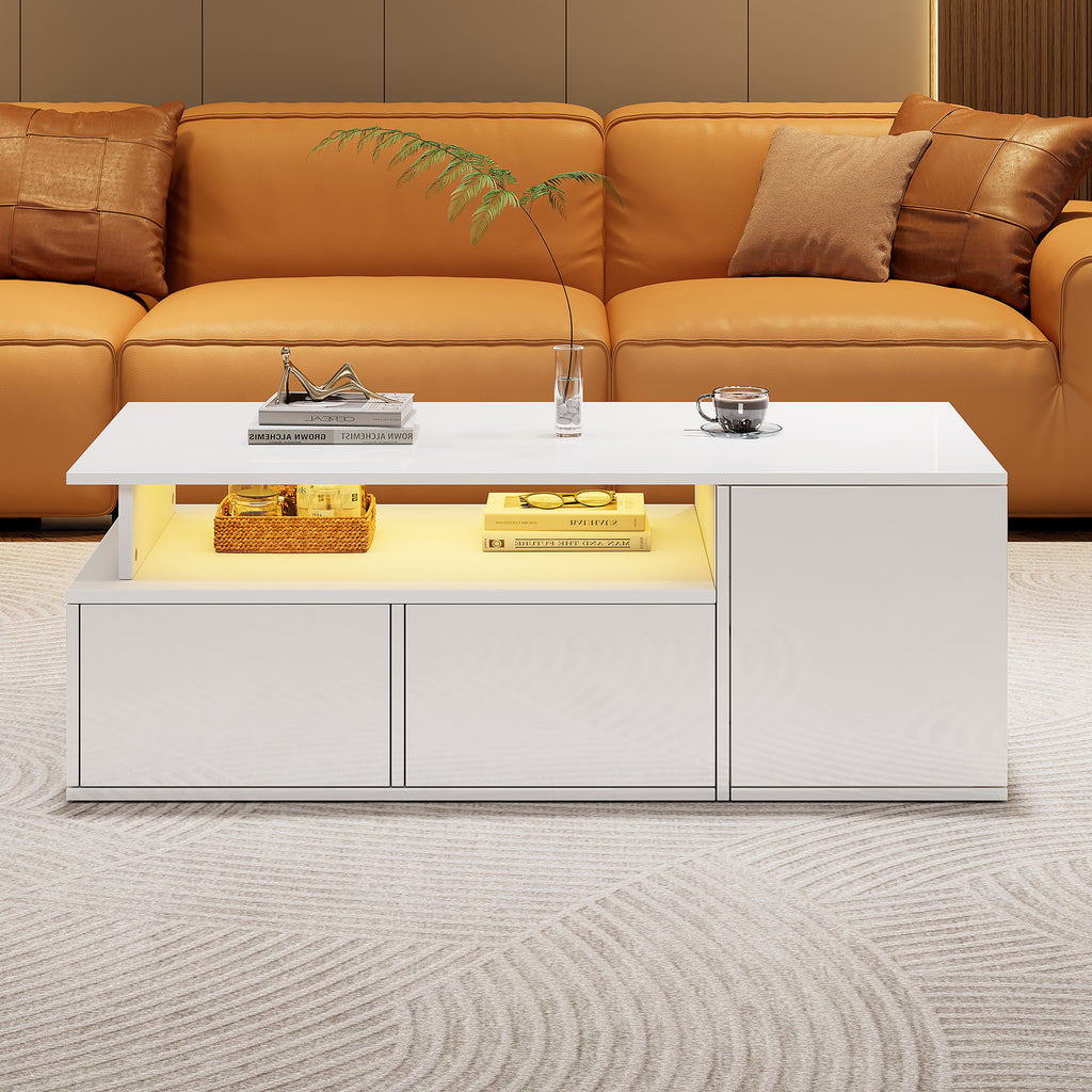 High Gloss Coffee Table With Open Storage, LED Lights, Centre Table With 2 Drawers, Sofa Side Table, Space-saving End Table, Tea Table, 100X50X35cm, White, Particleboard