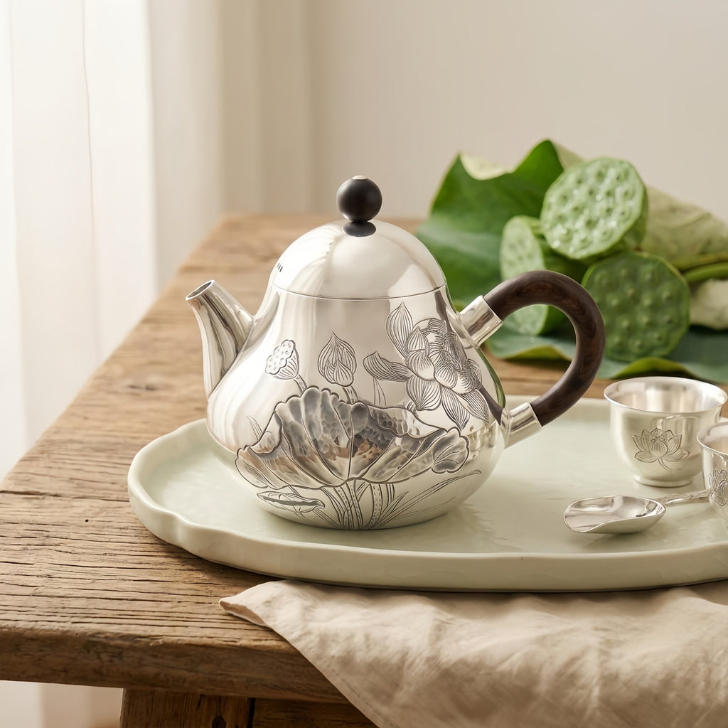 925 Sterling Silver Elegant Hand-Engraved Silver Teapot Featuring Intricate Lotus Design and Natural Wood Handle - Handicraft
