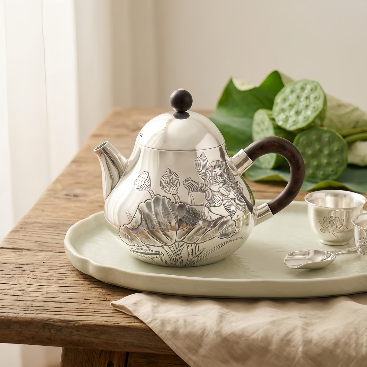 925 Sterling Silver Elegant Hand-Engraved Silver Teapot Featuring Intricate Lotus Design and Natural Wood Handle - Handicraft