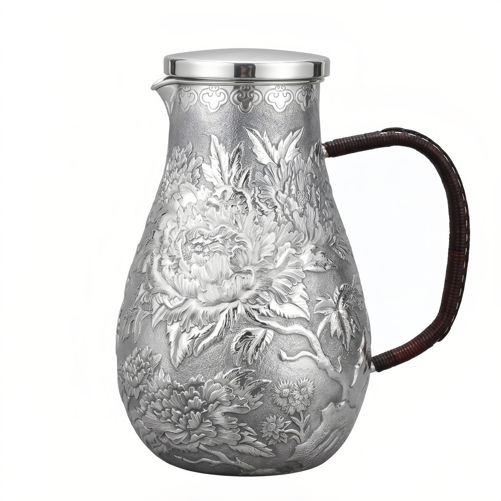 Pure 999 Fine Silver Exquisite Hand-Carved Silver Floral Pitcher with Intricate Peony Relief and Rattan-Wrapped Handle - Handicraft