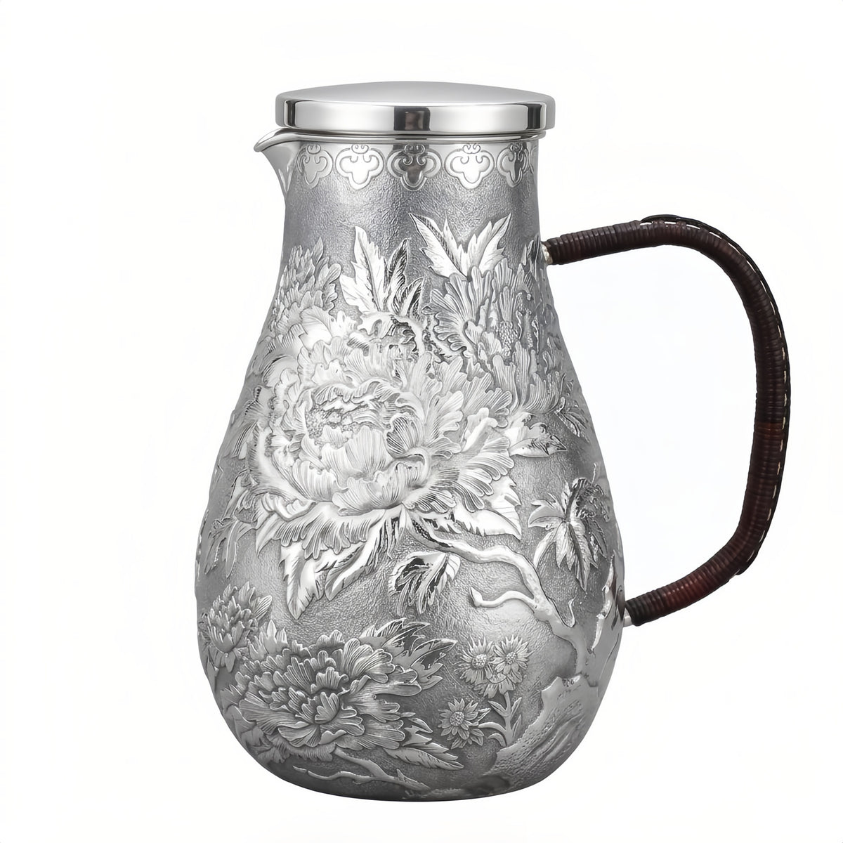 Pure 999 Fine Silver Exquisite Hand-Carved Silver Floral Pitcher with Intricate Peony Relief and Rattan-Wrapped Handle - Handicraft