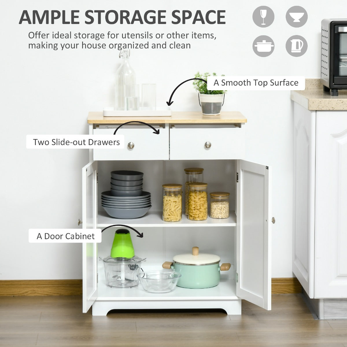 Kitchen Storage Cabinet, Sideboard Floor Cupboard With Solid Wood Top, Adjustable Shelf & 2 Drawers For Living Room, Hallway, White