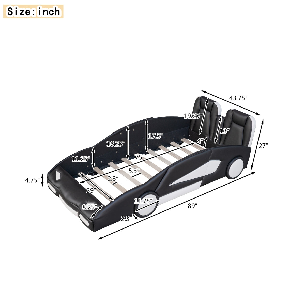 Twin Size Race Car-Shaped Platform Bed With Wheels, Black
