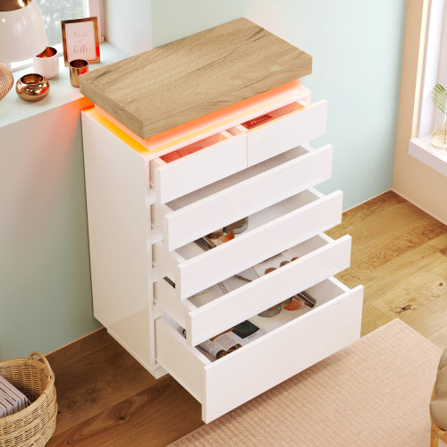 Chest Of Drawers,High-gloss Sideboard Cabinet With 6 Drawers,Storage With RGB LED App-controlled,Multi-purpose Cabinet For Living Room And Bedroom, 115 X 73 X 39 Cm, White