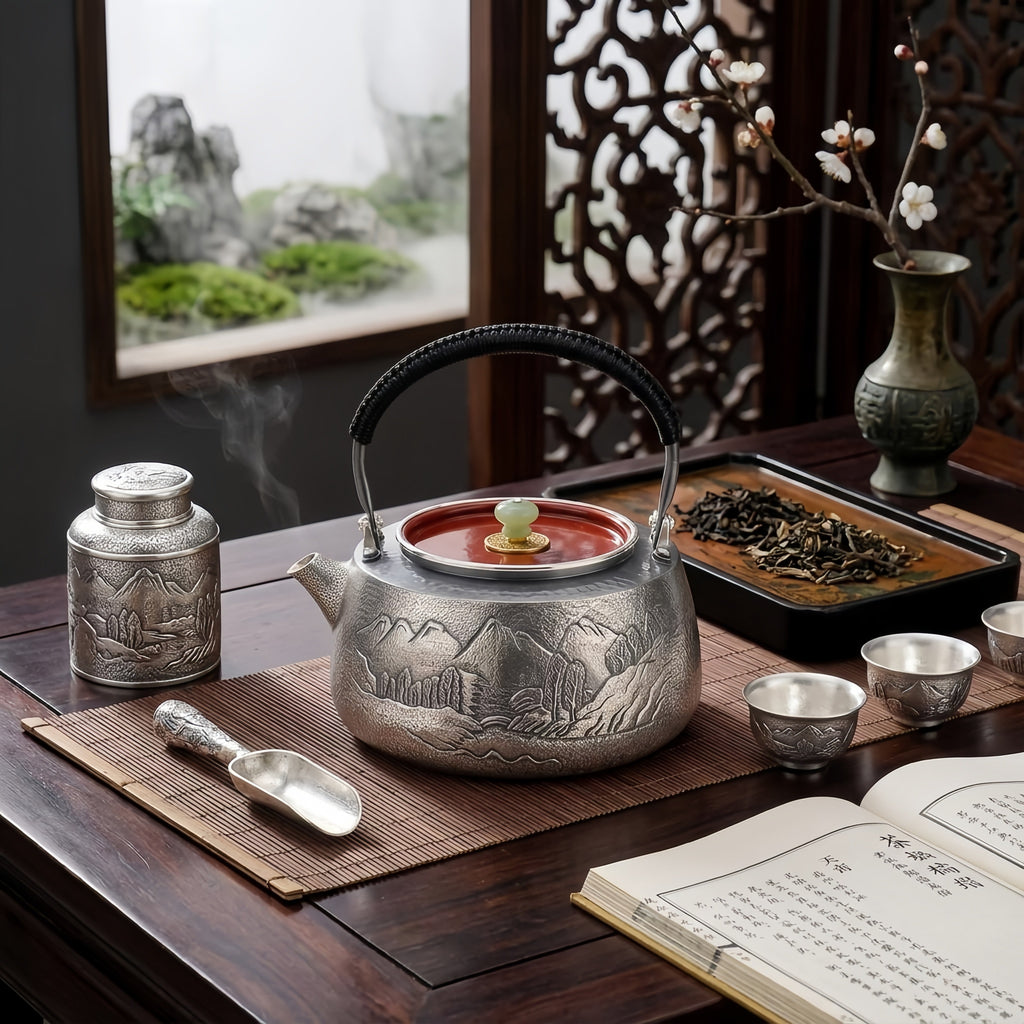 925 Sterling Silver Exquisite Handcrafted Silver Teapot with Engraved Mountain Landscape and Jade Lid Finial - Handicraft