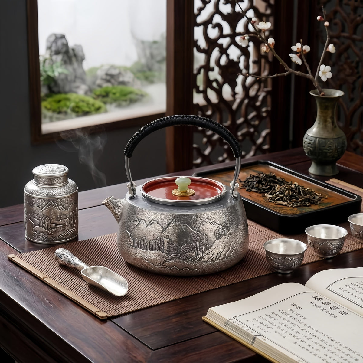 925 Sterling Silver Exquisite Handcrafted Silver Teapot with Engraved Mountain Landscape and Jade Lid Finial - Handicraft