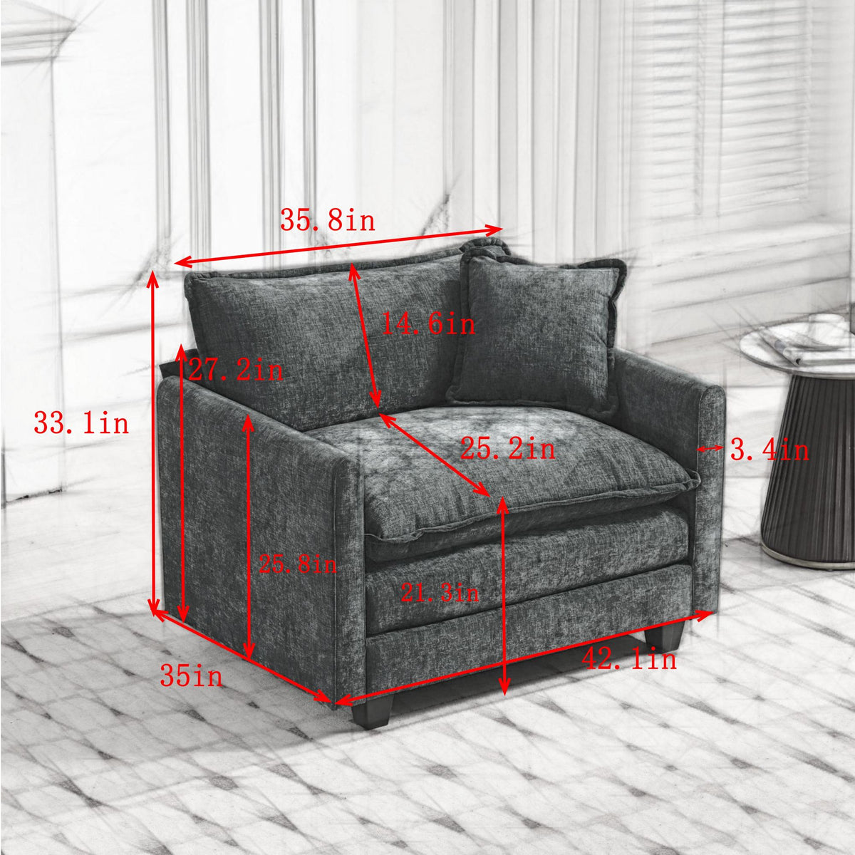 Cloud Sofa Single Seat Ottoman Is Not Included, Modern Sectional Couch, For Living Room Bedroom And Apartment, Comfy Double Layer Upholstered Seat Cushion, Breathable Chenille Fabric, Black