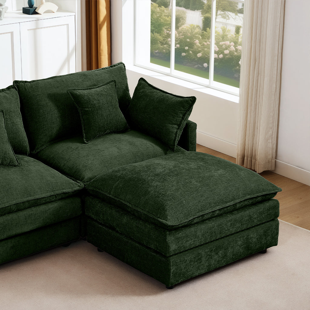 Modular Sectional Sofa, 102 Inch L Shaped Couch Set For Living Room, 3-Seater Comfy Cloud Couches With Movable Ottoman, DIY Combination, Chenille, Green
