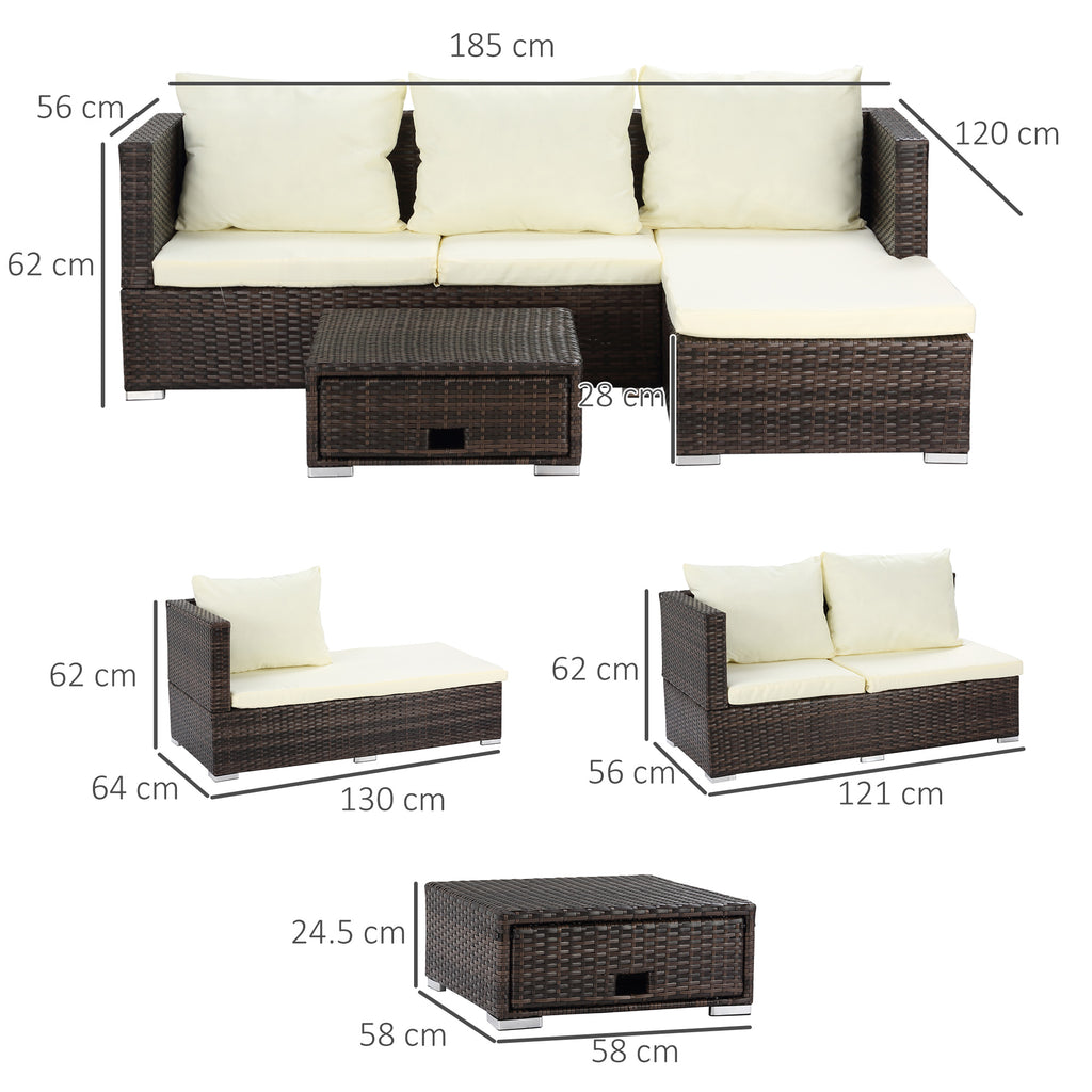 3 Pieces Rattan Garden Furniture Sofa Set, 4 Seater Garden Corner Sofa With 5-Level Reclining Sun Lounger And Storage Coffee Table, Outdoor Furniture Conservatory Set With Cushions, Brown
